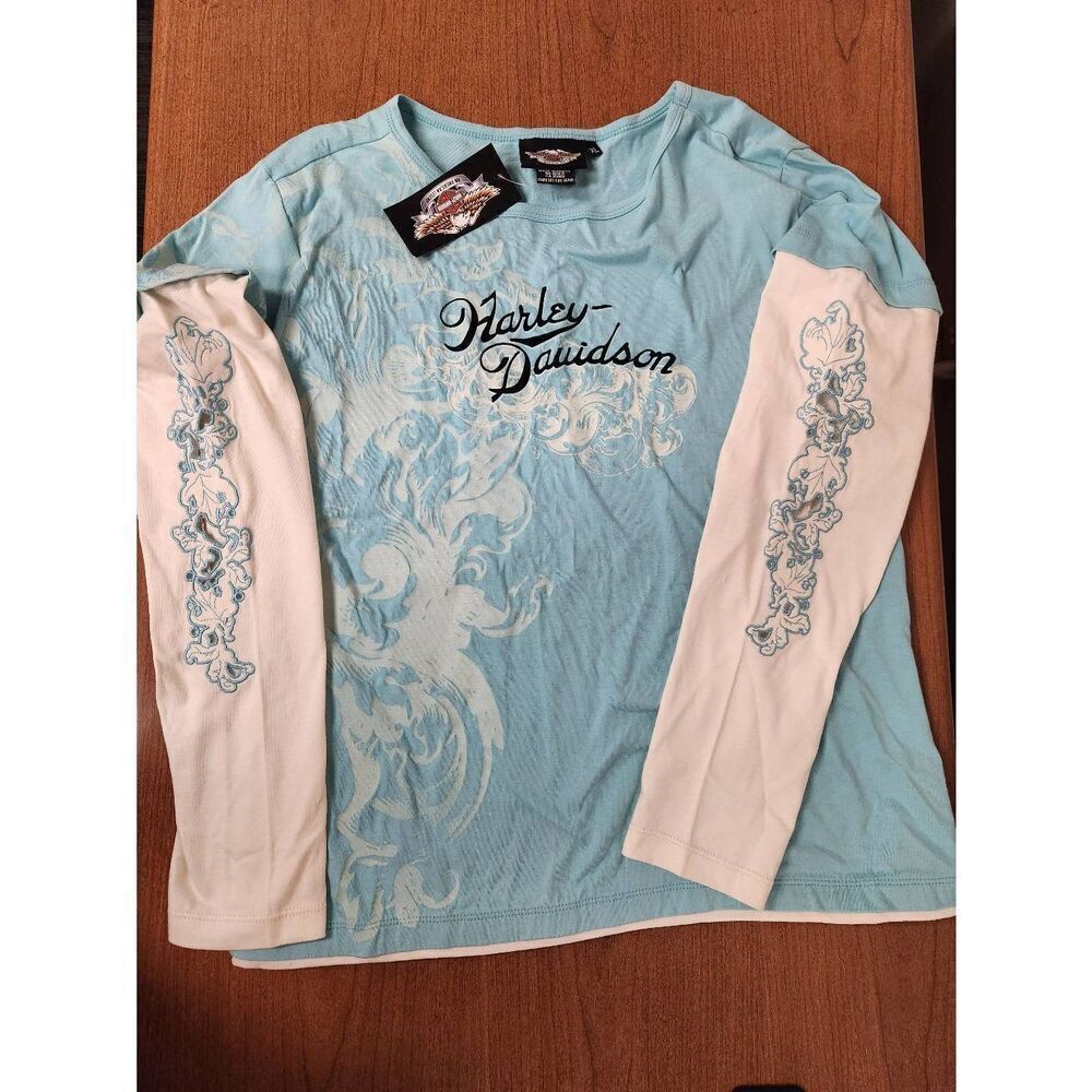 Harley-Davidson Light Blue and White Long Sleeve Tee